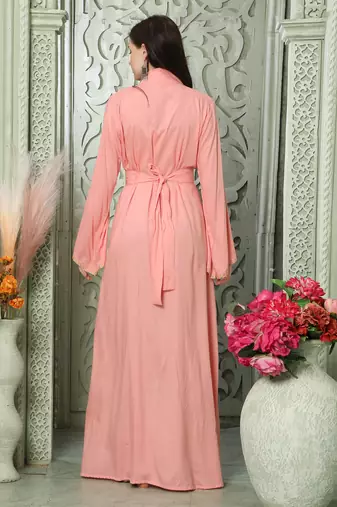 Light Pink Arabic Style Kaftan With Gold Aari Embroidery