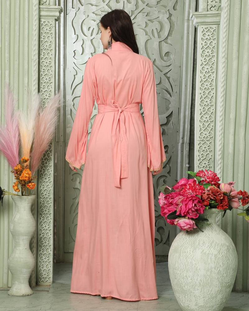 Light Pink Arabic Style Kaftan With Gold Aari Embroidery
