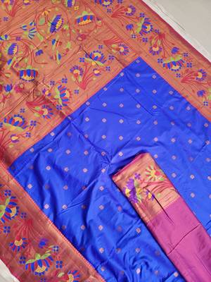 Royal Blue Paithani silk blend Zari Weaving Saree 5
