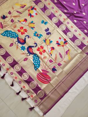 Wine Paithani silk blend Zari Weaving Saree 4