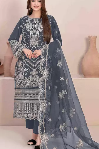 Grey Embroidered georgette salwar suit