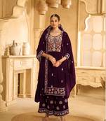 Purple embroidered velvet semi-palazzo style salwar suit