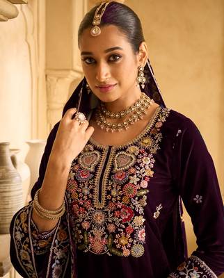 Purple embroidered velvet palazzo style salwar suit 2