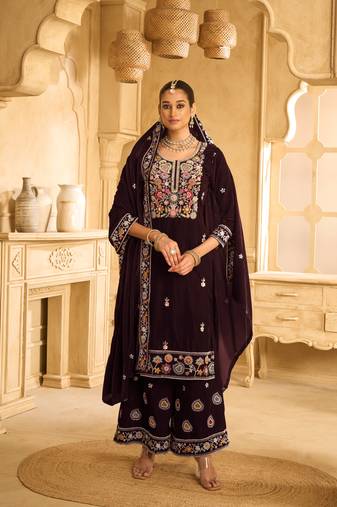 Wine embroidered velvet semi-palazzo style salwar suit