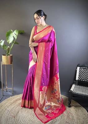 Pink paithani silk blend saree with unstitched blouse 1