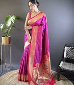 Pink paithani silk blend saree with unstitched blouse