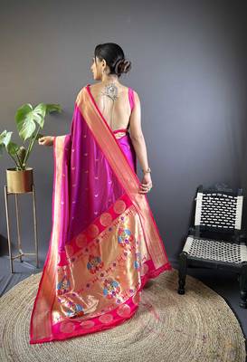 Pink paithani silk blend saree with unstitched blouse 2