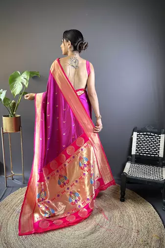 Pink paithani silk blend saree with unstitched blouse