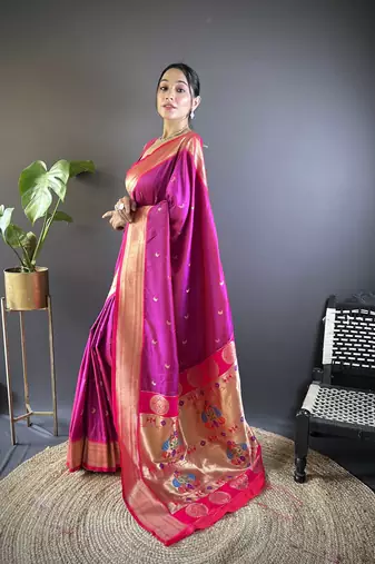 Pink paithani silk blend saree with unstitched blouse