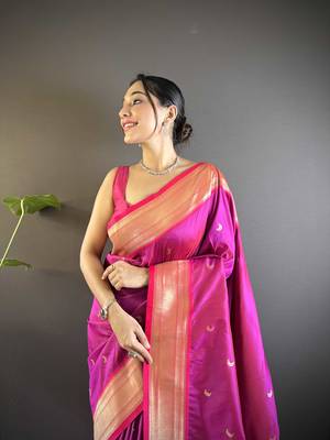 Pink paithani silk blend saree with unstitched blouse 4