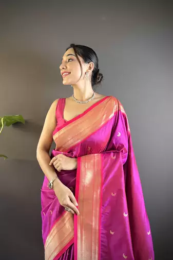 Pink paithani silk blend saree with unstitched blouse