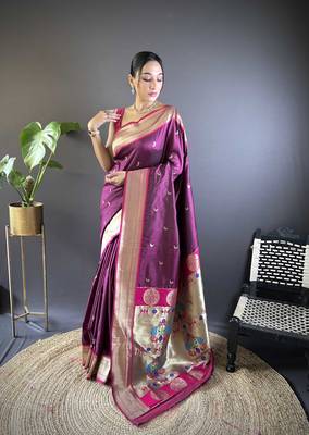 maroon paithani silk blend saree with unstitched blouse 1