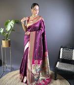 maroon paithani silk blend saree with unstitched blouse
