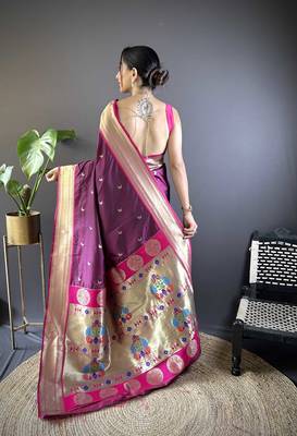 maroon paithani silk blend saree with unstitched blouse 2