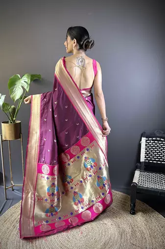 maroon paithani silk blend saree with unstitched blouse