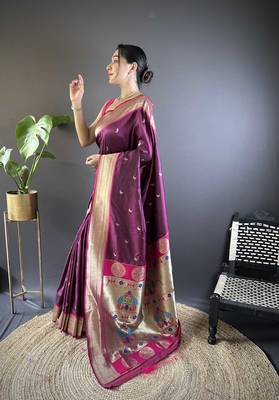maroon paithani silk blend saree with unstitched blouse 3
