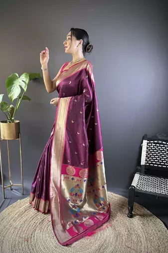 maroon paithani silk blend saree with unstitched blouse