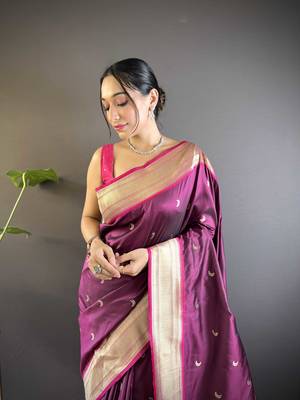 maroon paithani silk blend saree with unstitched blouse 4