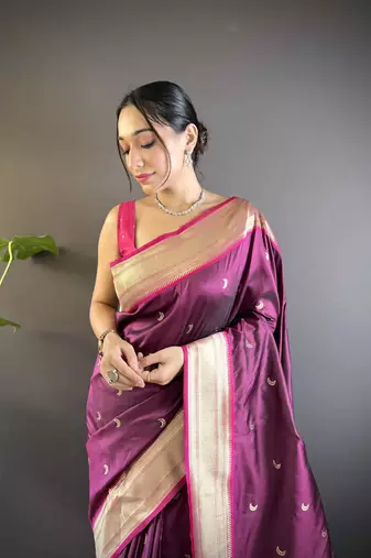 maroon paithani silk blend saree with unstitched blouse