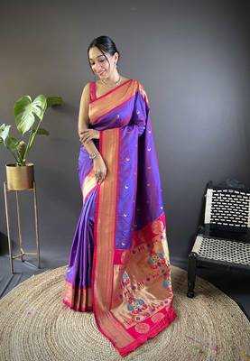 Purple paithani silk blend saree with unstitched blouse 1
