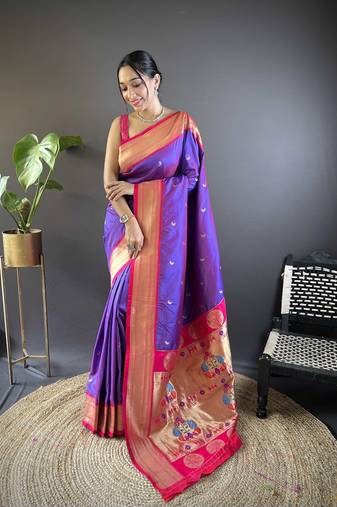 Purple paithani silk blend saree with unstitched blouse