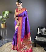 Purple paithani silk blend saree with unstitched blouse