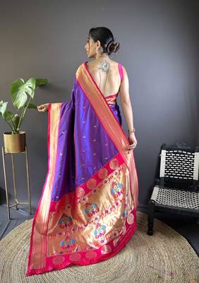 Purple paithani silk blend saree with unstitched blouse 2