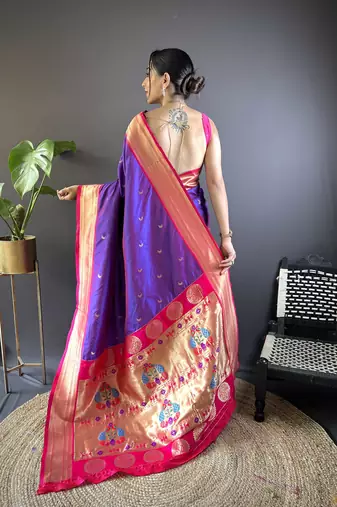 Purple paithani silk blend saree with unstitched blouse