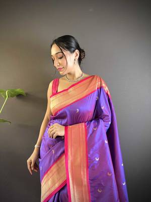 Purple paithani silk blend saree with unstitched blouse 4