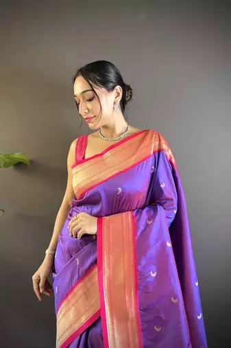 Purple paithani silk blend saree with unstitched blouse