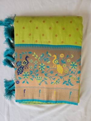 Parrot Green Paithani silk blend Zari Weaving Saree 1