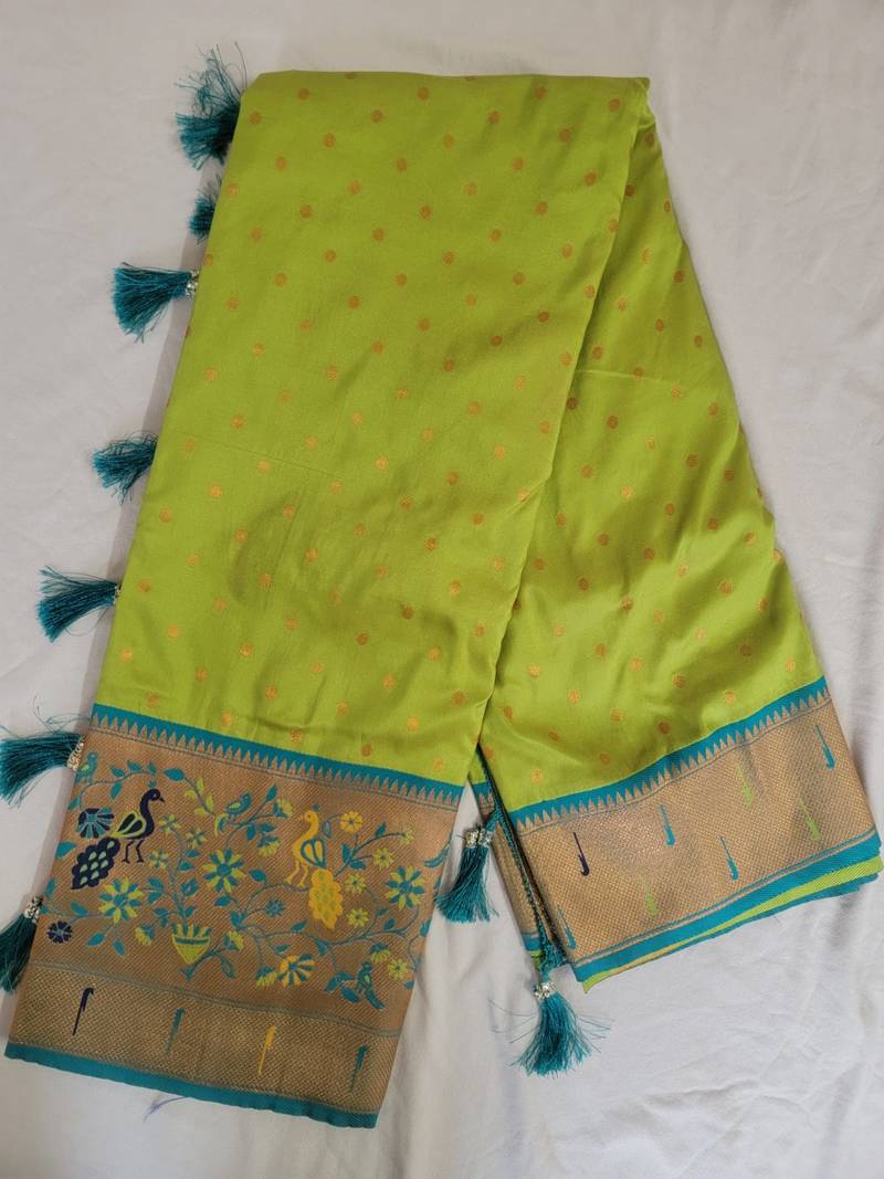 Parrot Green Paithani silk blend Zari Weaving Saree
