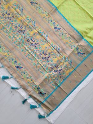 Parrot Green Paithani silk blend Zari Weaving Saree 4
