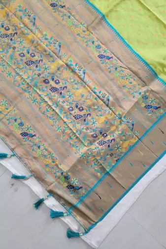 Parrot Green Paithani silk blend Zari Weaving Saree