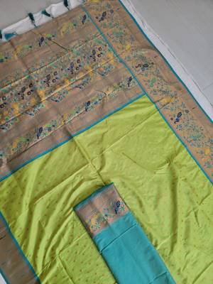 Parrot Green Paithani silk blend Zari Weaving Saree 5