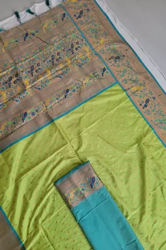 Parrot Green Paithani silk blend Zari Weaving Saree