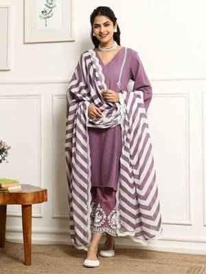 V-Neck Pin Tucks Thread Work  Cotton A-Line Kurta With Palazzo And Dupatta 1