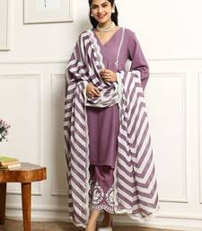  V-Neck Pin Tucks Thread Work Cotton A-Line Kurta With Palazzo And Dupatta