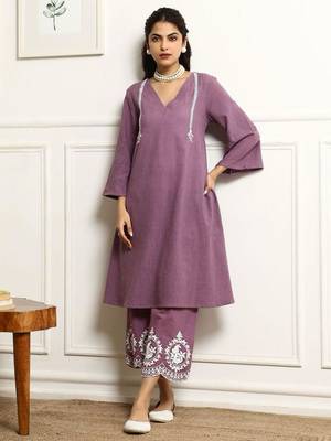  V-Neck Pin Tucks Thread Work  Cotton A-Line Kurta With Palazzo And Dupatta 2