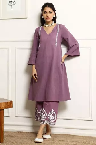  V-Neck Pin Tucks Thread Work  Cotton A-Line Kurta With Palazzo And Dupatta