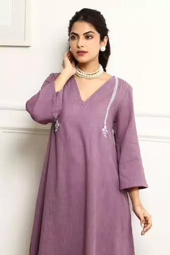  V-Neck Pin Tucks Thread Work  Cotton A-Line Kurta With Palazzo And Dupatta