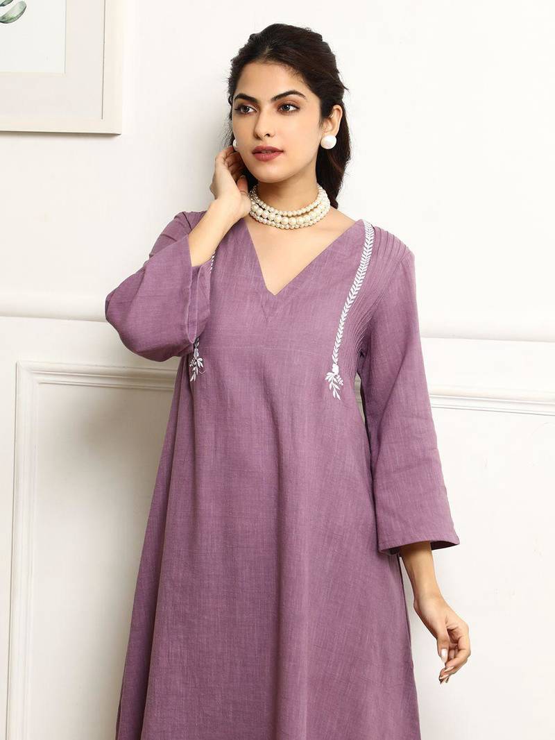  V-Neck Pin Tucks Thread Work Pure Cotton A-Line Kurta With Palazzo And Dupatta