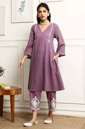  V-Neck Pin Tucks Thread Work  Cotton A-Line Kurta With Palazzo And Dupatta