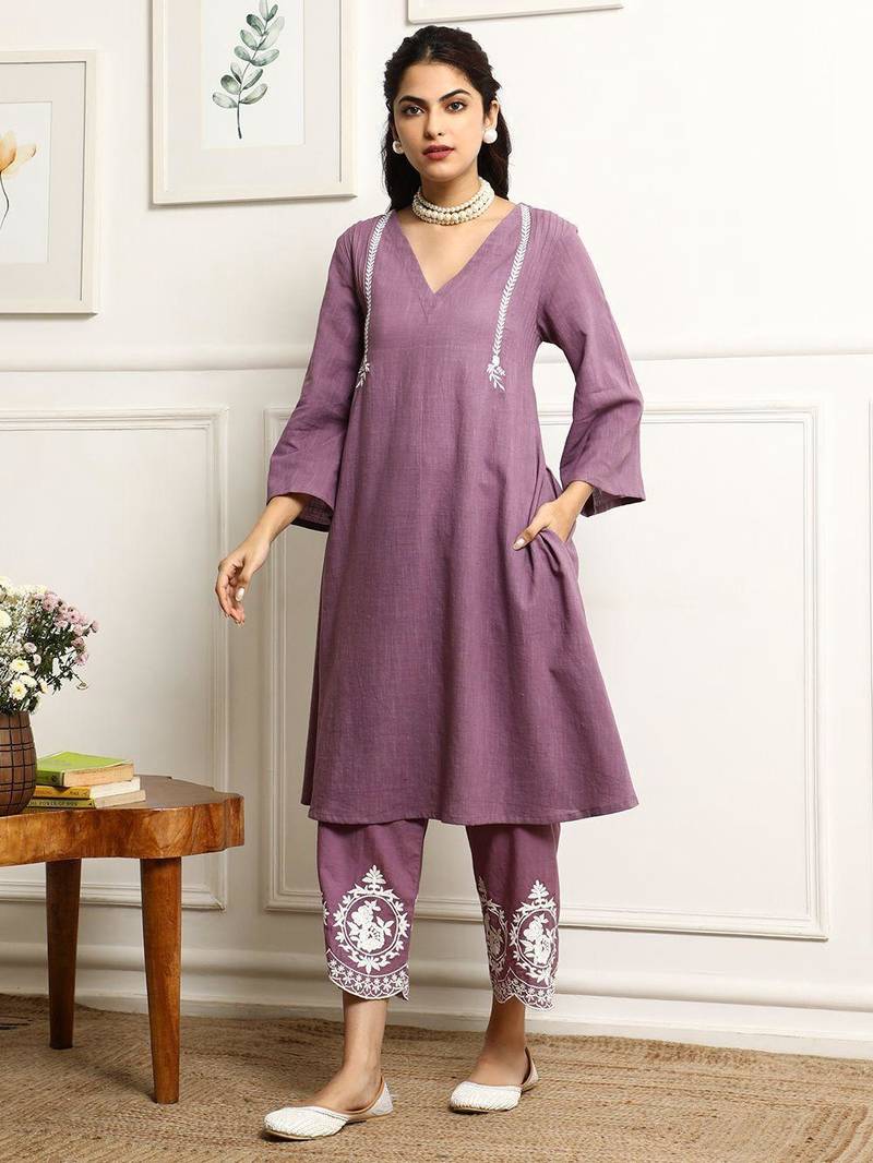  V-Neck Pin Tucks Thread Work Pure Cotton A-Line Kurta With Palazzo And Dupatta