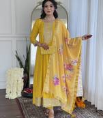 Women's Beautiful Art Silk Embroidered Flared Kurta with Pant And Dupatta Set