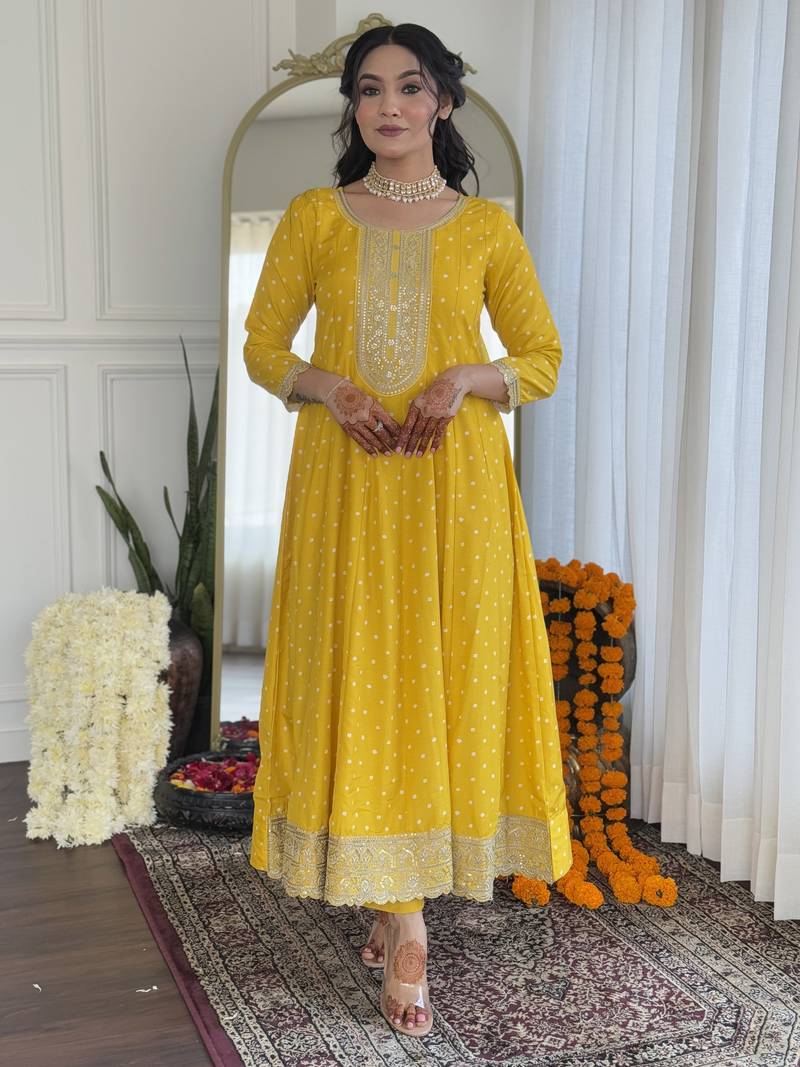 Women's Beautiful Art Silk Embroidered Flared Kurta with Pant And Dupatta Set