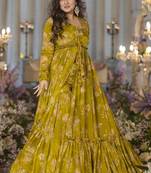 Mustard green sharara suit set with crop top & shrug stitched