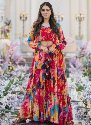 multicolor sharara suit set with crop top & shrug stitched 1