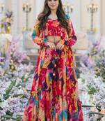 multicolor sharara suit set with crop top & shrug stitched