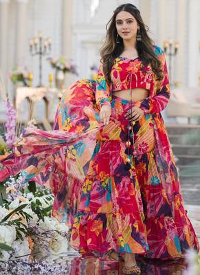 multicolor sharara suit set with crop top & shrug stitched 3